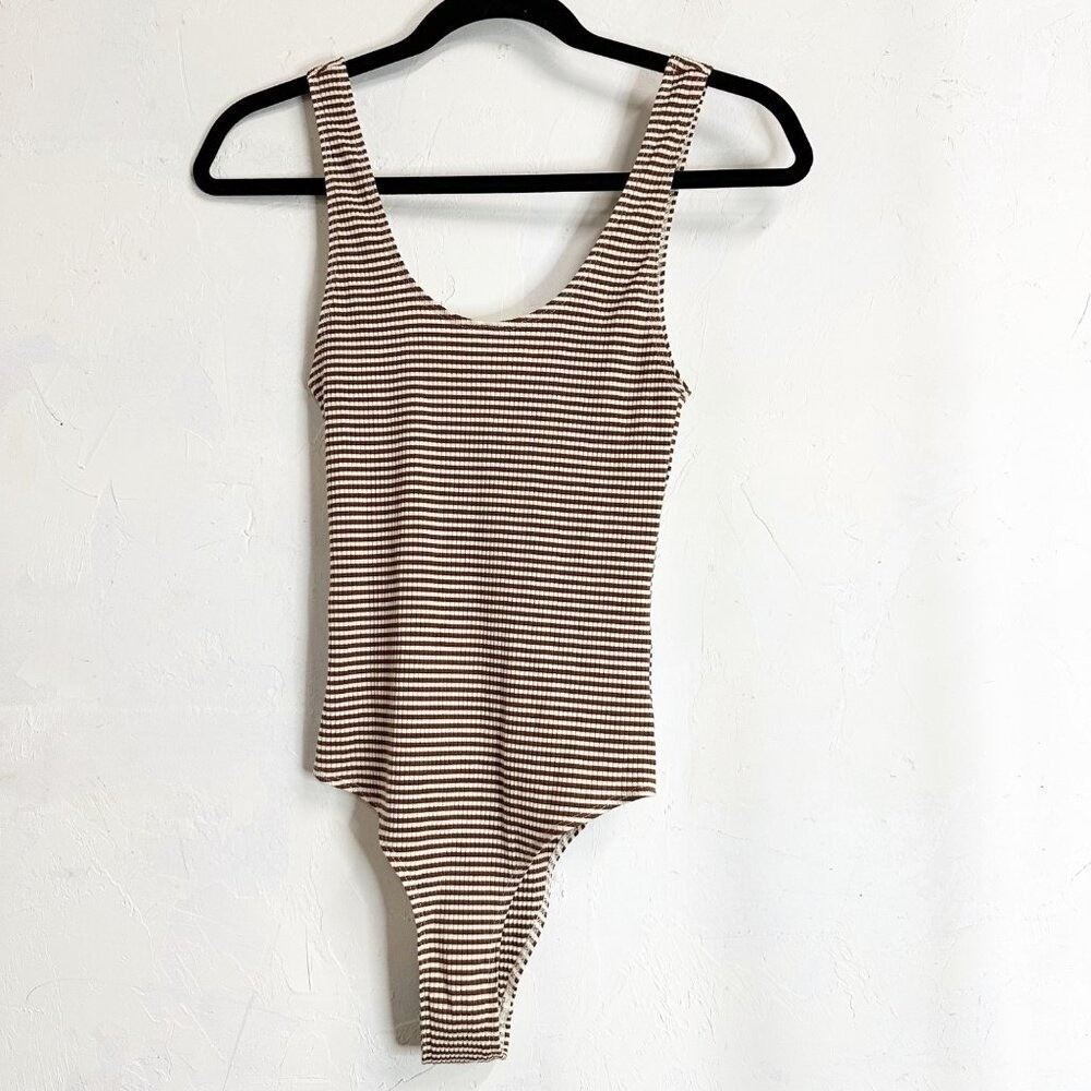 Reformation Bodysuit Striped Low Back Round Neck Womens XSmall Red White Holiday